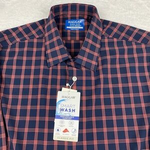 Haggar Performance Comfort Dress Shirt Men's 16-16.5/34-35 Red Blue Check NWT